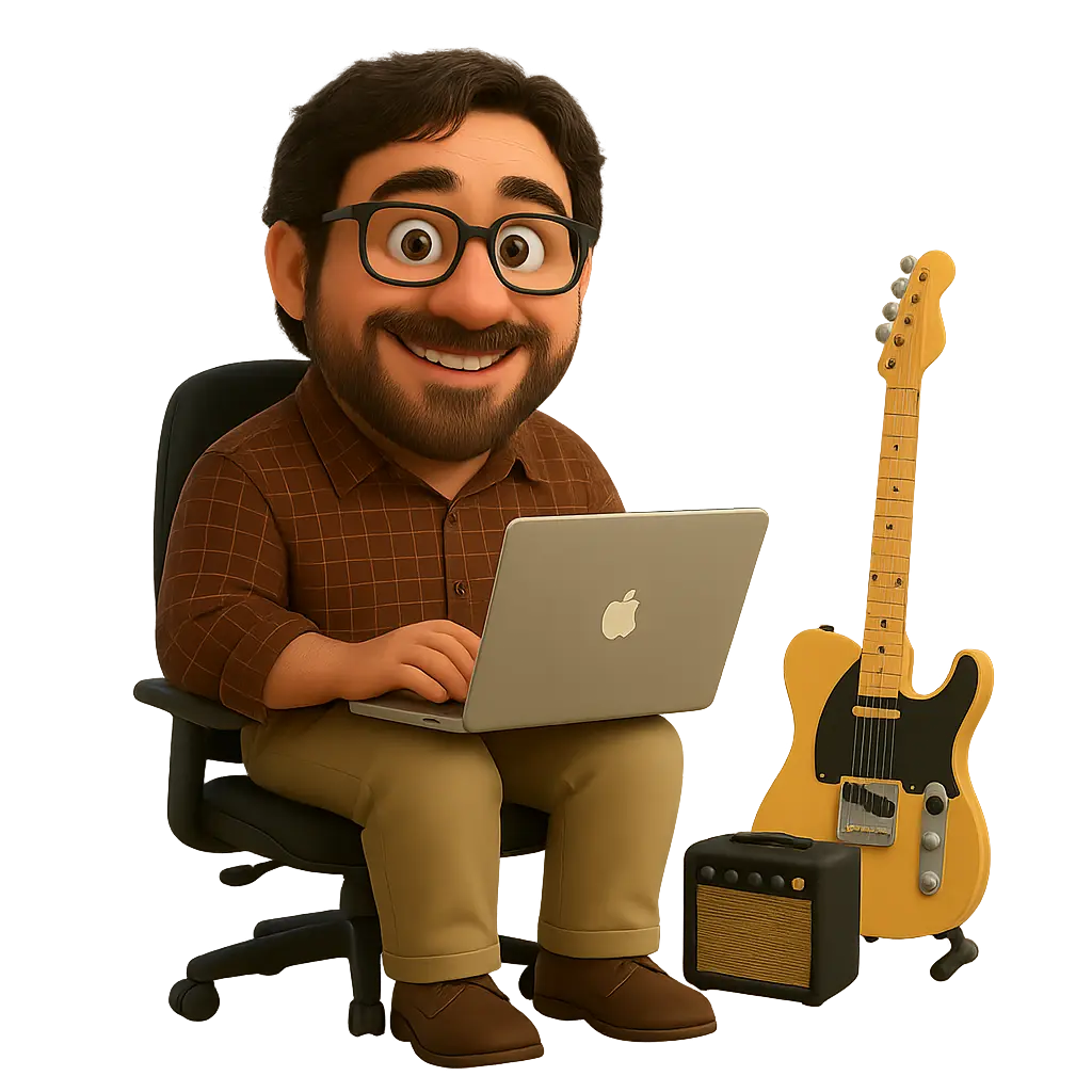 A playful render of Joe at his laptop in front of a window, with his guitar beside him